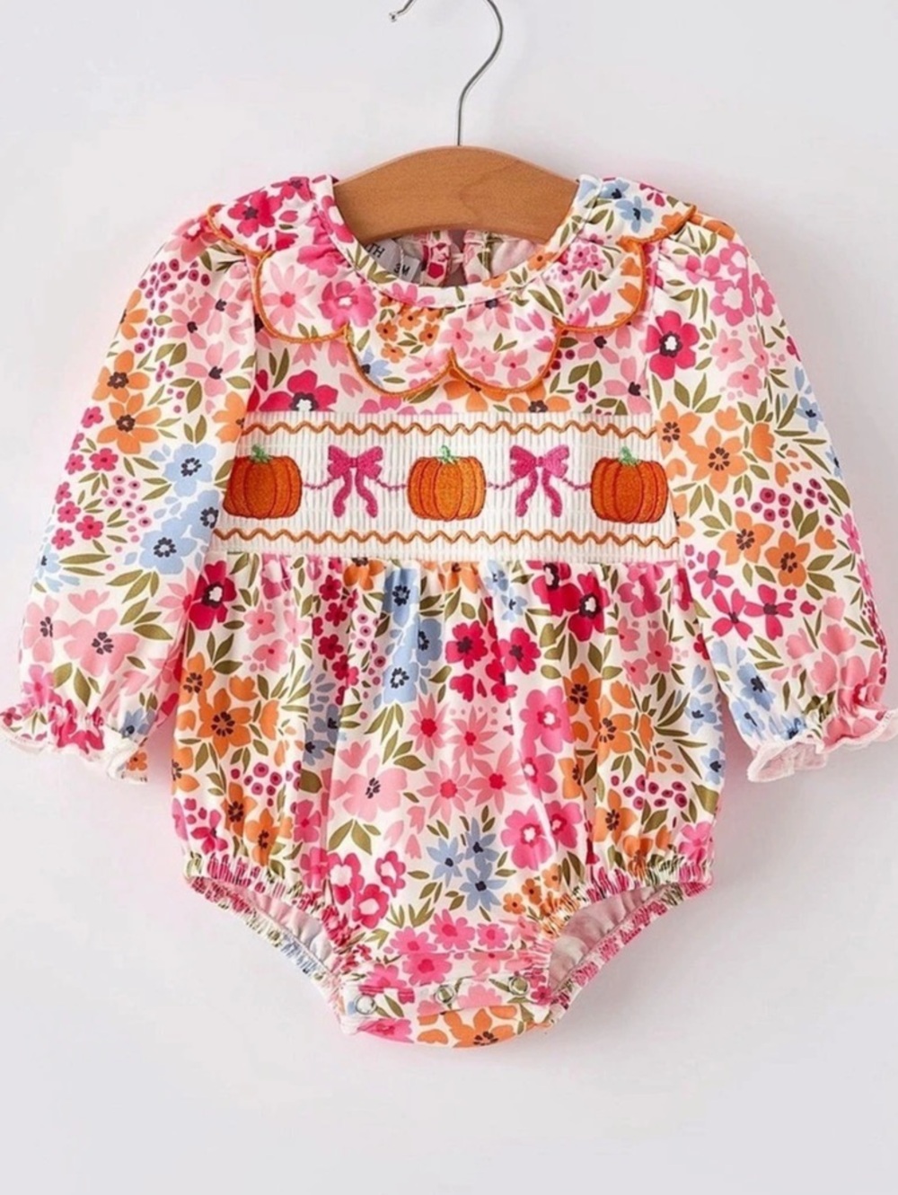Floral Smocked Baby Bodysuit in Pink & White